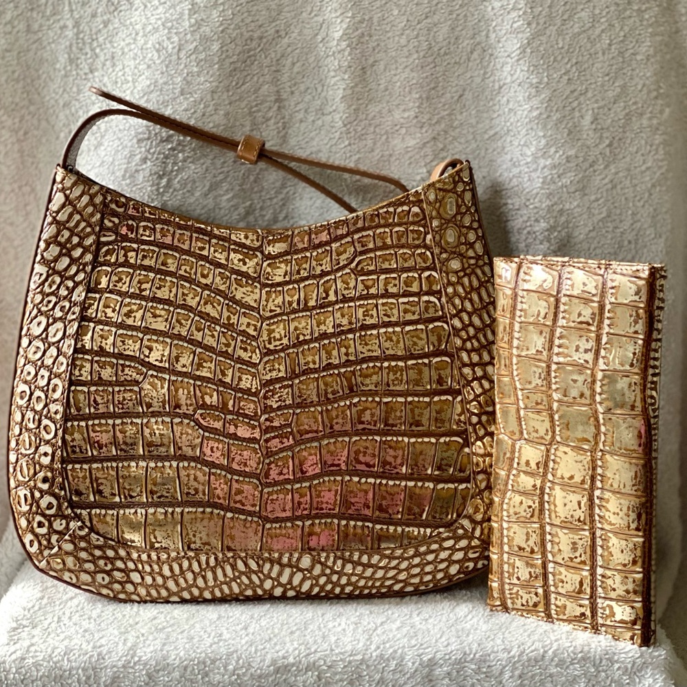 Brahmin Gold and Brown Croc-Embossed Hobo Bag and Wallet - Picture 2 of 7